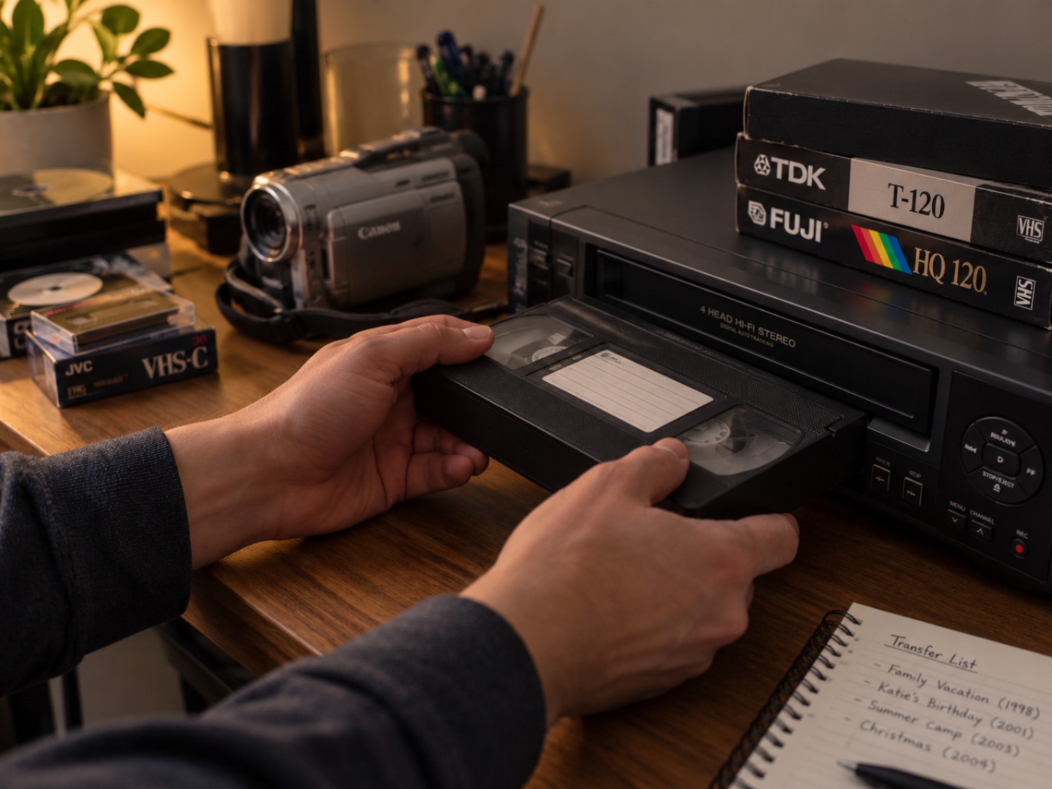 Hands carefully holding a VHS tape beside a VCR, camcorder, and collection of home-video tapes.