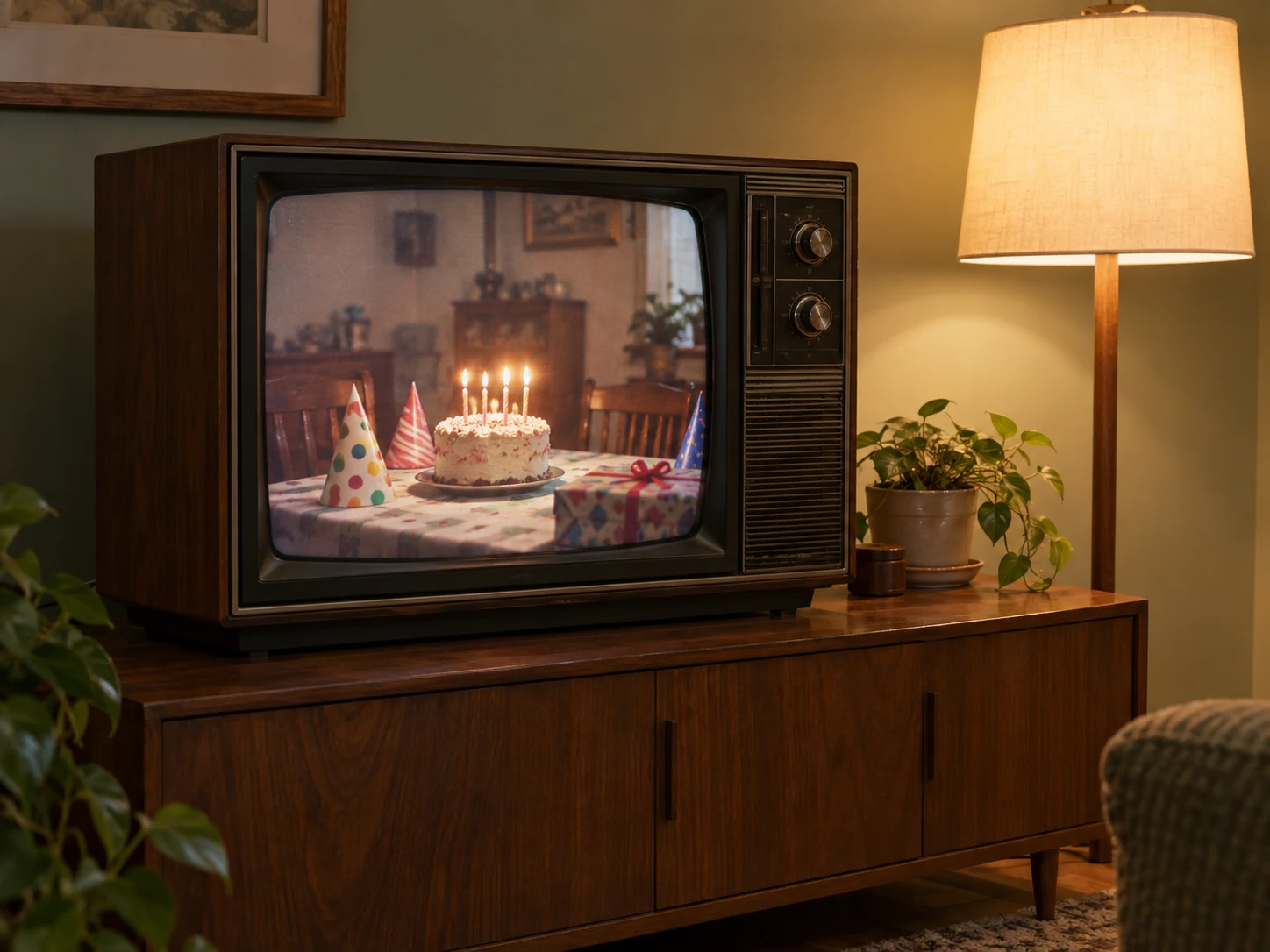 A vintage television showing a birthday cake with lit candles, beside a warm lamp.